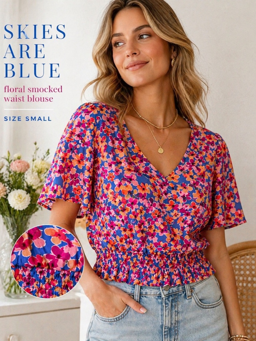 Skies Are Blue Floral Smocked Waist Blouse - Pink & Blue & Orange peplum top S
